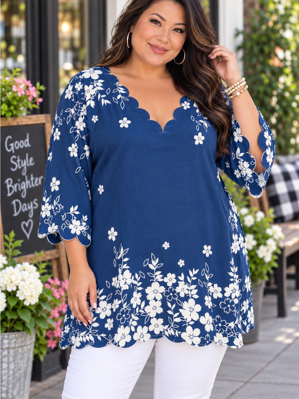 BloomChic Navy and White Floral Scalloped V-Neck Tunic